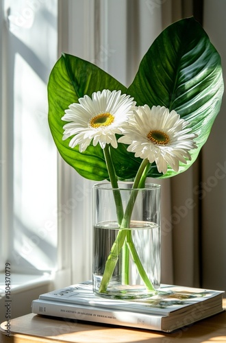 Bright Daisies in a Glass Vase on a Stack of Books With Sunlight Casting Shad...