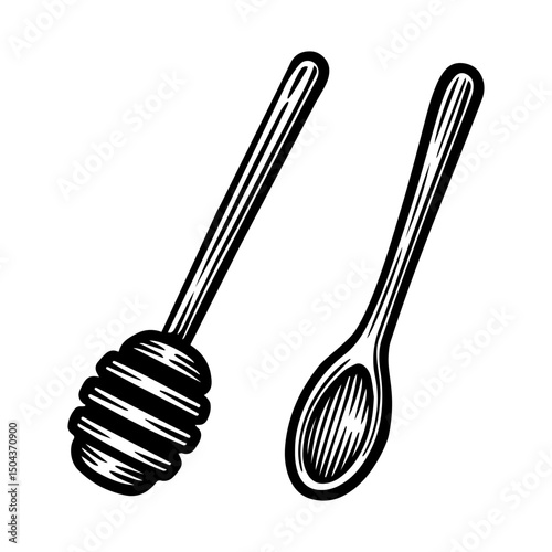 Hand drawn honey dipper. Sketch vector wooden mead wand. Engraving illustration for beekeeping and apiculture design