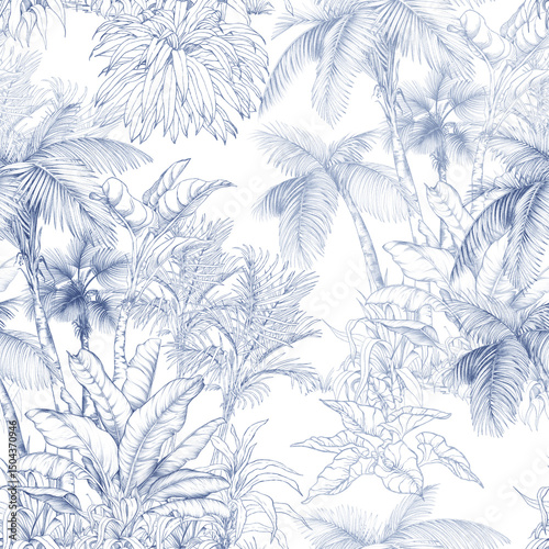 Seamless pattern with hand-drawn palm trees and tropical foliage in pencil sketch style. Monochrome botanical design perfect for fabric, wallpaper, and packaging.