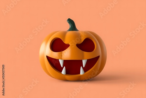 Spooky 3D Render of Halloween Pumpkin with Fangs on Orange Background