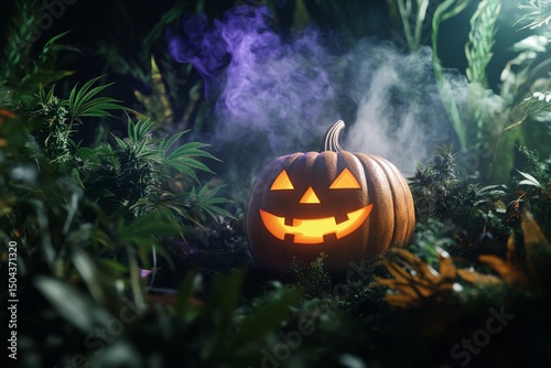 Glowing Jack-O-Lantern in a Foggy Garden During Halloween Night