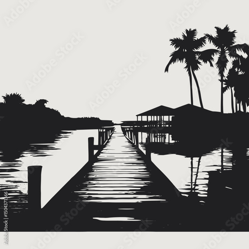 Black and white sunset landscape with pier water palm trees and house silhouette nature scenery peaceful scene