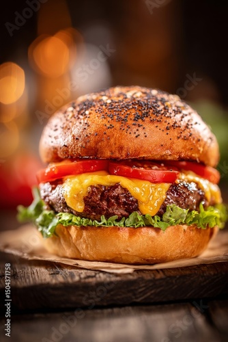 Juicy Cheeseburger With Fresh Toppings Served on a Rustic Wooden Board at a C...