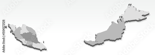 3D  Malaysia map with all Regions in gray. Three dimensional map of Malaysia with shadow  on white background for your design, app, UI.  EPS10.