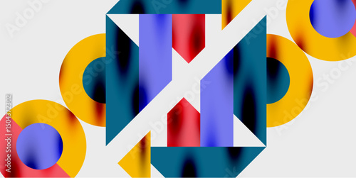 Abstract geometric composition. Bright colors intersect, creating dynamic visual effect. Shapes overlap, forming complex patterns. Modern design.