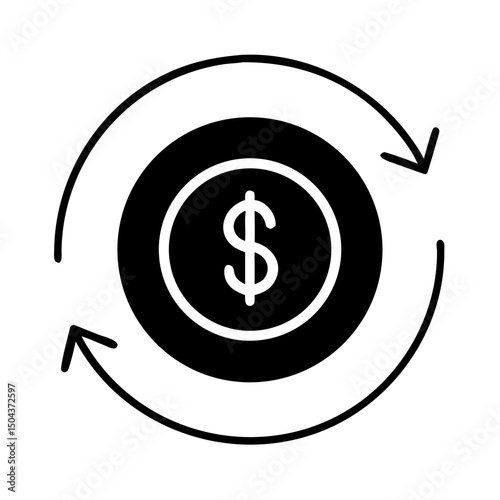 Dollar coin with arrows icon in flat style black and white