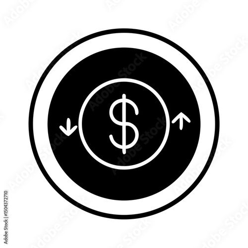 Dollar coin with up and down arrows icon in solid black