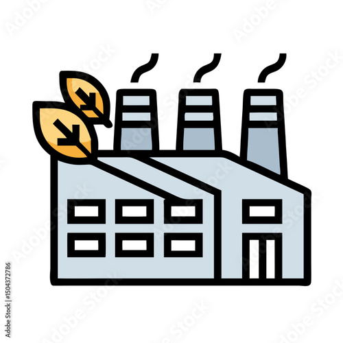 Eco-friendly factory icon with leaves and chimneys in color style