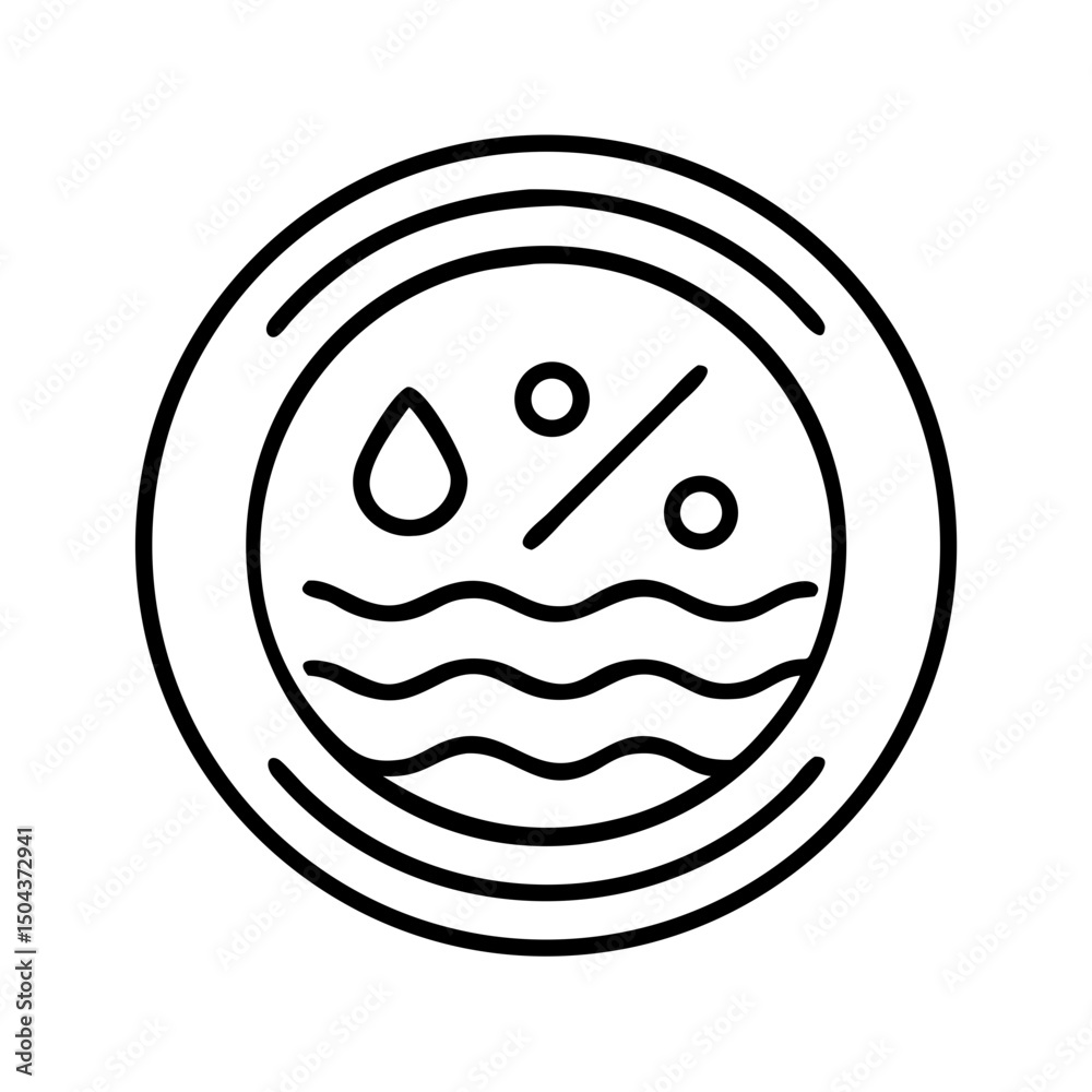 Obraz premium Black outlined circle with water drops, waves, and percentage symbol