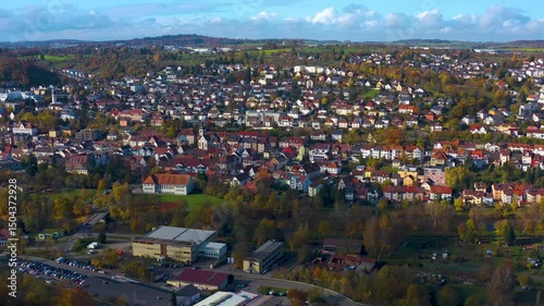Aerial panoramic view around the city Pforzheim Eutingen in Germany on a sunny Autumn day