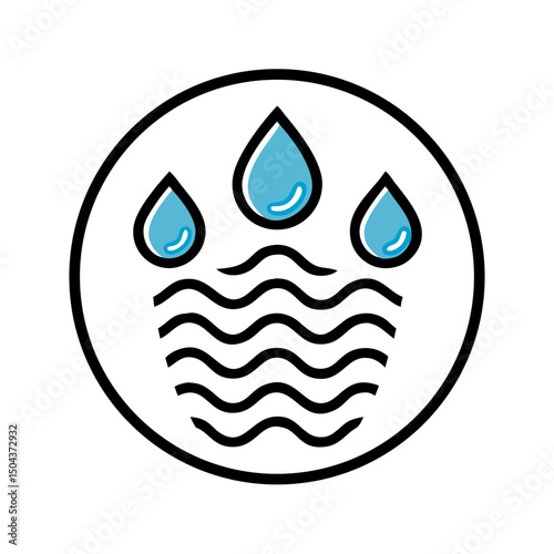 Water conservation icon with three blue drops and wave lines