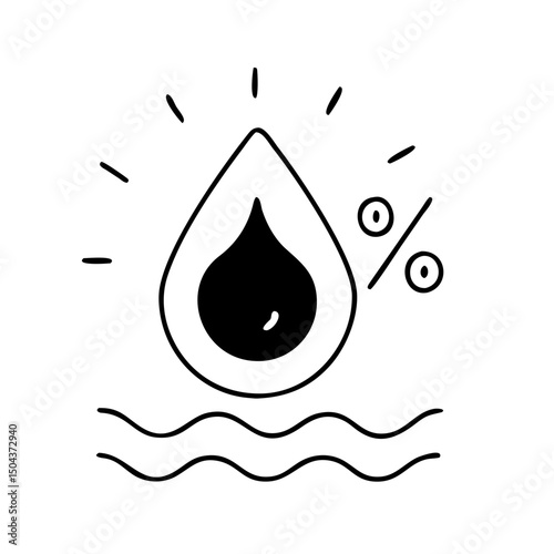 Line art icon of water droplet with percentage over wavy lines