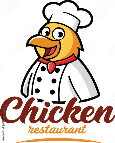 Cartoon chicken chef logo for a restaurant with a white background and brown chicken text logo