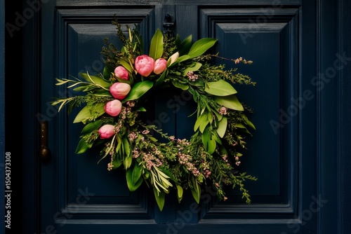 Decorative Floral Wreath With Pink Tulips on a Dark Blue Door Entrance