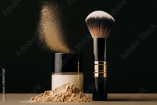 Makeup Brush and Loose Powder Create a Stylish Composition on a Dark Background