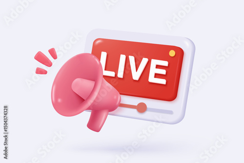 3D live stream icon on social media browser, emotion in cinema frame. Social media playing video promote the idea of passive revenue generation. 3D live entertainment icon vector render illustration