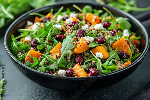 A vibrant sweet potato salad with quinoa, arugula, cranberries, and goat cheese.