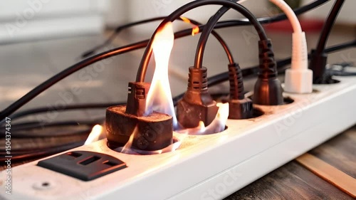 Burning electric plug in a socket because of overcurrent and too much plug, home safety awarness concept