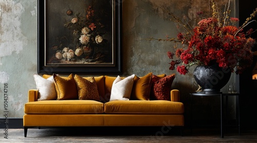 Stylish Yellow Sofa With Decorative Pillows and Floral Arrangement in Modern ...