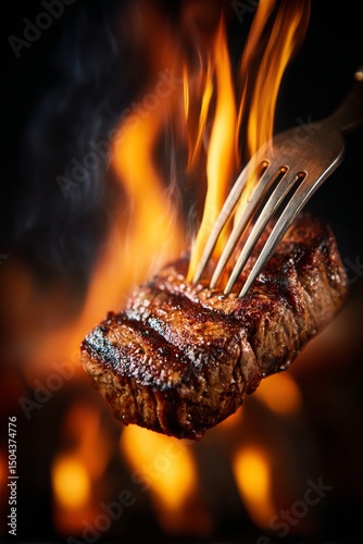Grilled Steak on Fork Above Flames Outdoors at Night During Barbecue Gathering