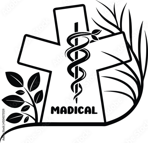 "Medical cross with caduceus symbol and natural herbal leaf elements"