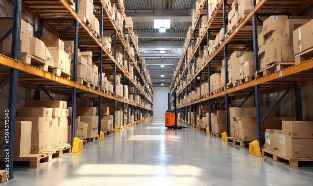 Fototapeta premium Inside a Warehouse Full of Boxes and Goods on Shelves Storage Concept