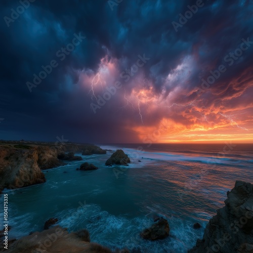 Dramatic sunset over a turbulent ocean with lightning.
