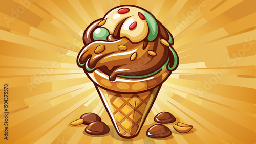 A delicious vanilla ice cream cone with chocolate sauce and nuts, creating a sweet and tempting dessert treat, perfect for summer indulgence and tasty .