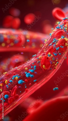 Human bloodstream with bloodcells and microplastic particules concept video. Microplastic pollution concept.