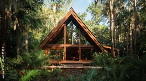 Cozy Cabin Surrounded by Lush Greenery in a Serene Forest Setting