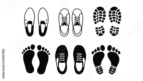 Footprint Shoe Sole Icon Set Black and White Vector Illustration