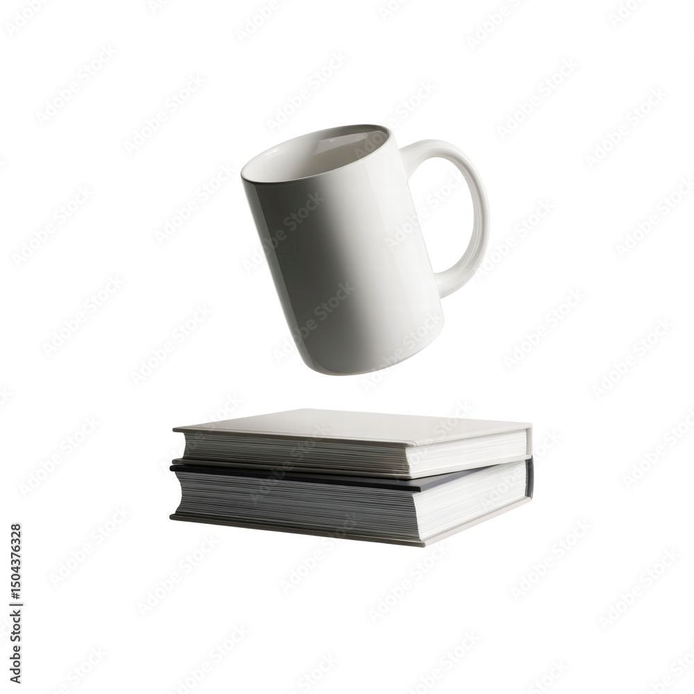Fototapeta premium White Mug Hovering Above Stack of Books