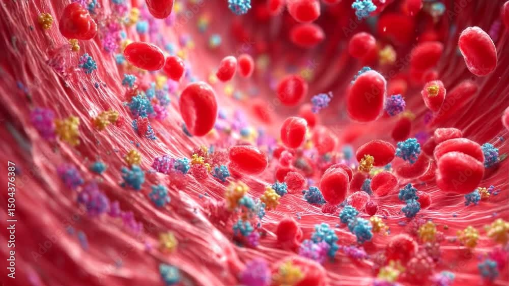 Microplastic pollution concept. Microplastic particules in the human vein with blood cells.