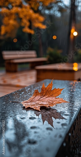 Rainy Autumn Day With a Leaf on a Bench in a Park During Dusk