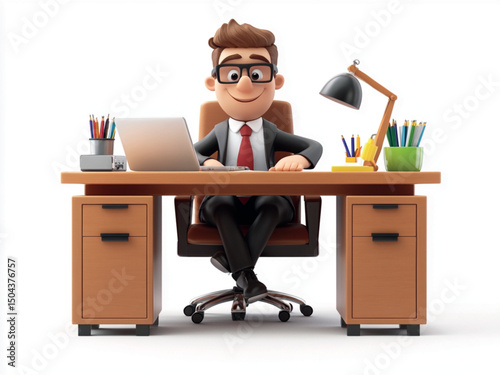 happy man with glasses sitting at his office desk
