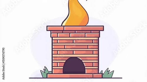 Animated Brick Oven with Flames and Grass Cartoon-Style Illustration Loop