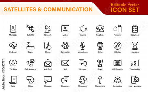 Modern Satellites and Communication Icons – Clean Outline, Line Art, Vector Illustrations for Space Exploration, Technology, and Communication Systems