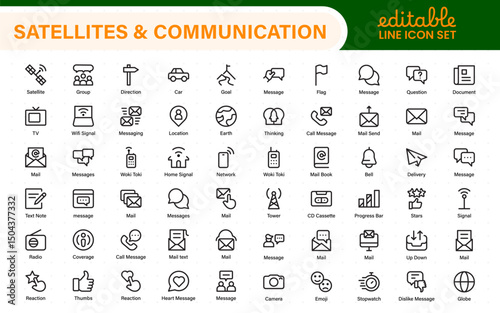 Modern Satellites and Communication Icons – Clean Outline, Line Art, Vector Illustrations for Space Exploration, Technology, and Communication Systems