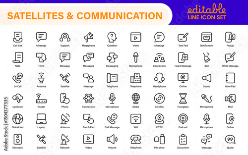 Modern Satellites and Communication Icons – Clean Outline, Line Art, Vector Illustrations for Space Exploration, Technology, and Communication Systems