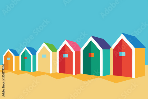 brightly painted beach huts lined up on a warm 
