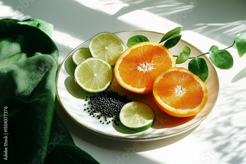 Colorful Citrus Fruits Arranged on a Plate With Seeds and Fabric Background
