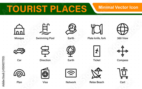Tourist Destinations Icon Collection – Vector, Line Art, and Minimal Outline Illustrations for Famous Landmarks, Attractions, and Vacation Travel Designs