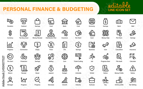 Personal Finance and Budgeting Icons – Modern Minimalist Line Art Vector Illustrations for Budget Planning, Saving, Money Management, and Financial Tools