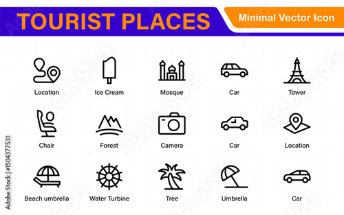 Tourist Destinations Icon Collection – Vector, Line Art, and Minimal Outline Illustrations for Famous Landmarks, Attractions, and Vacation Travel Designs