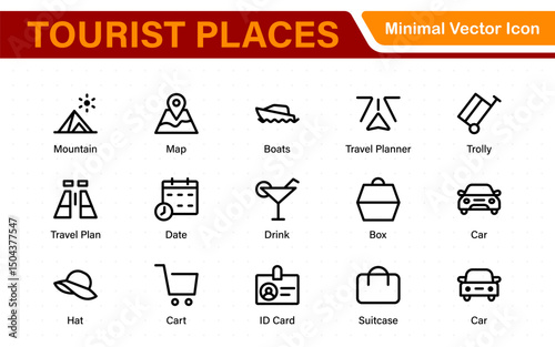 Tourist Destinations Icon Collection – Vector, Line Art, and Minimal Outline Illustrations for Famous Landmarks, Attractions, and Vacation Travel Designs