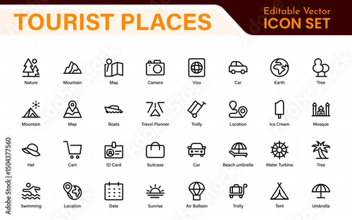 Tourist Destinations Icon Collection – Vector, Line Art, and Minimal Outline Illustrations for Famous Landmarks, Attractions, and Vacation Travel Designs