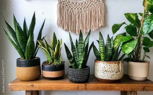 Stylish Arrangement of Succulents and Decorative Elements on Wooden Shelf Ind...