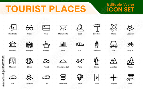 Tourist Destinations Icon Collection – Vector, Line Art, and Minimal Outline Illustrations for Famous Landmarks, Attractions, and Vacation Travel Designs