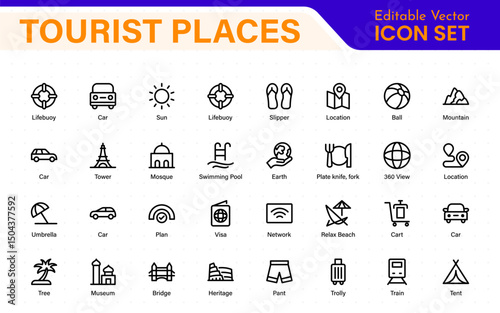 Tourist Destinations Icon Collection – Vector, Line Art, and Minimal Outline Illustrations for Famous Landmarks, Attractions, and Vacation Travel Designs