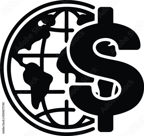 Global Finance Icon. Dollar Sign and World Globe Symbol for International Economy and Currency Trade.